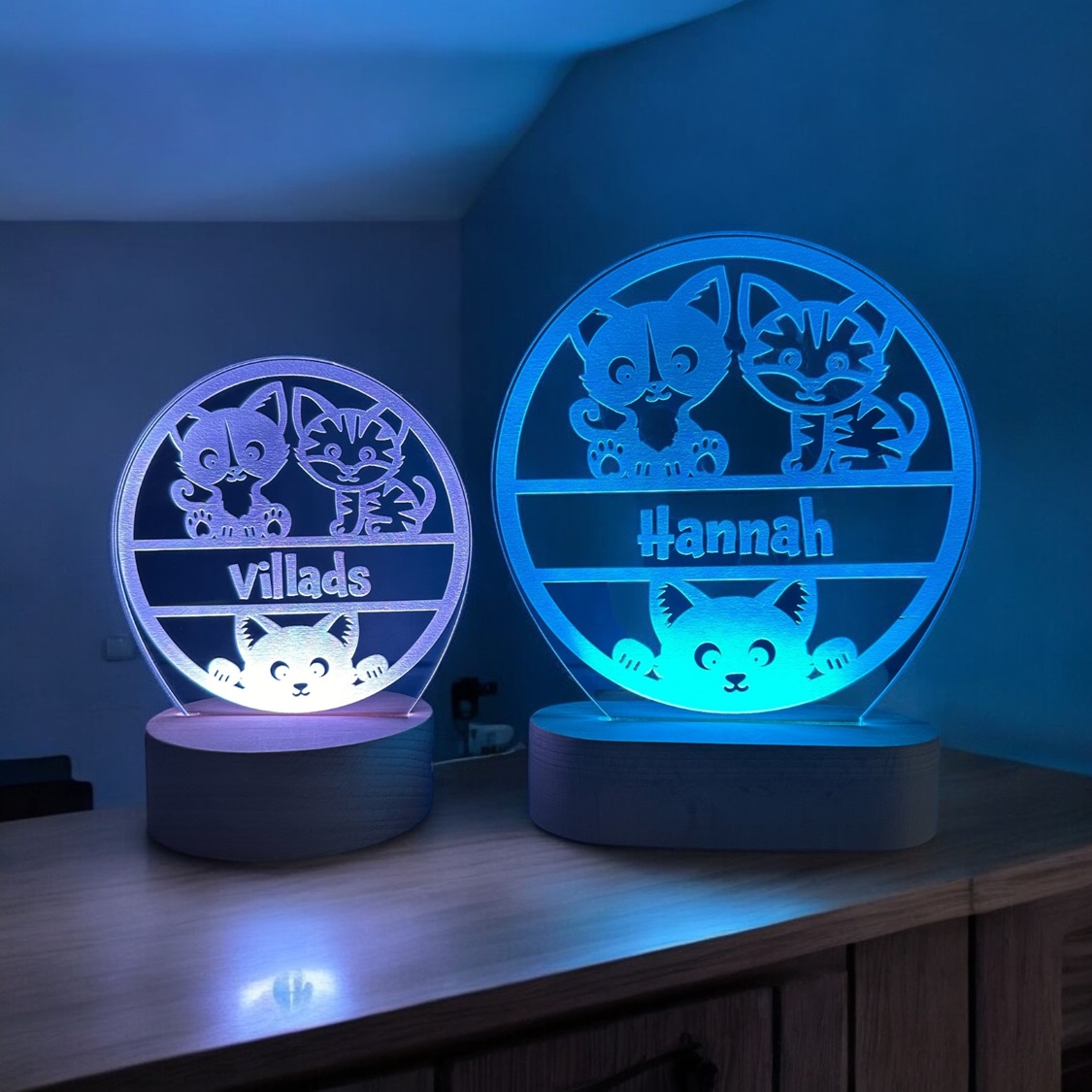 To katte lamper med navne i lilla og blå LED lys.