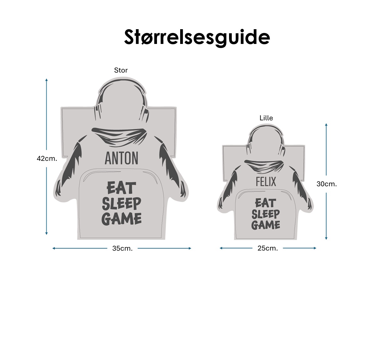 Gamer spejllampe i to størrelser med mål der viser forskellen mellem lille og stor.