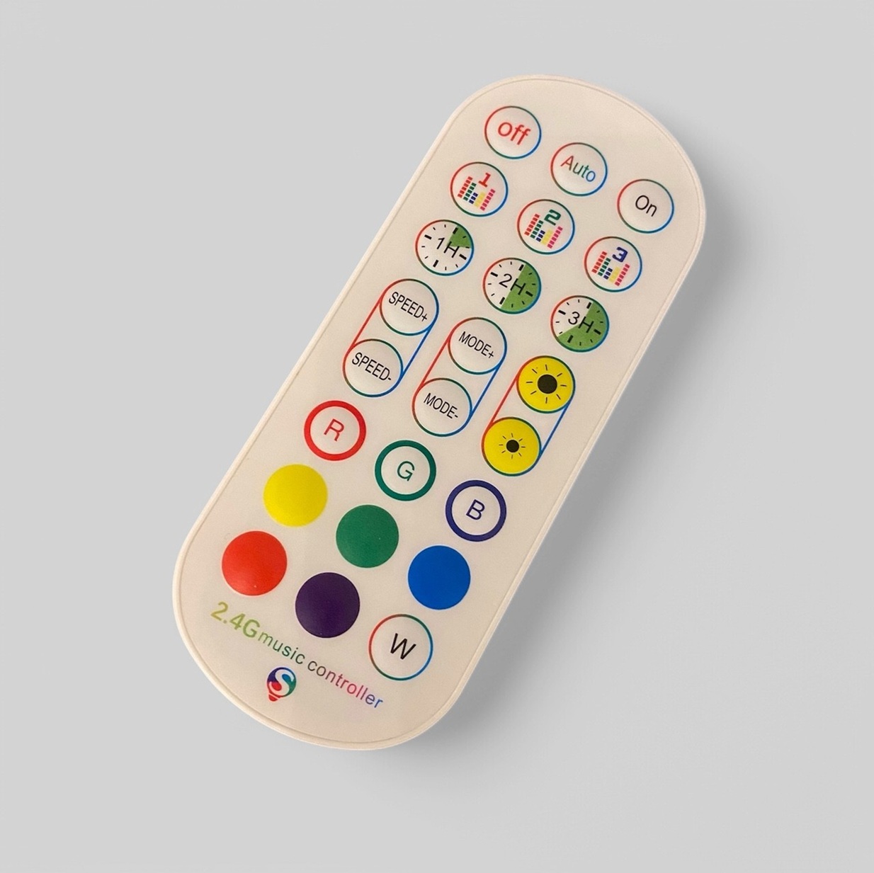 Hvid fjernbetjening som passer til spejllampe. Mange funktioner som farvevalg og timer.