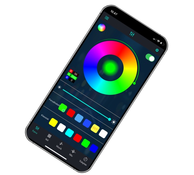 Viser iPhone med app til at styre lampen.