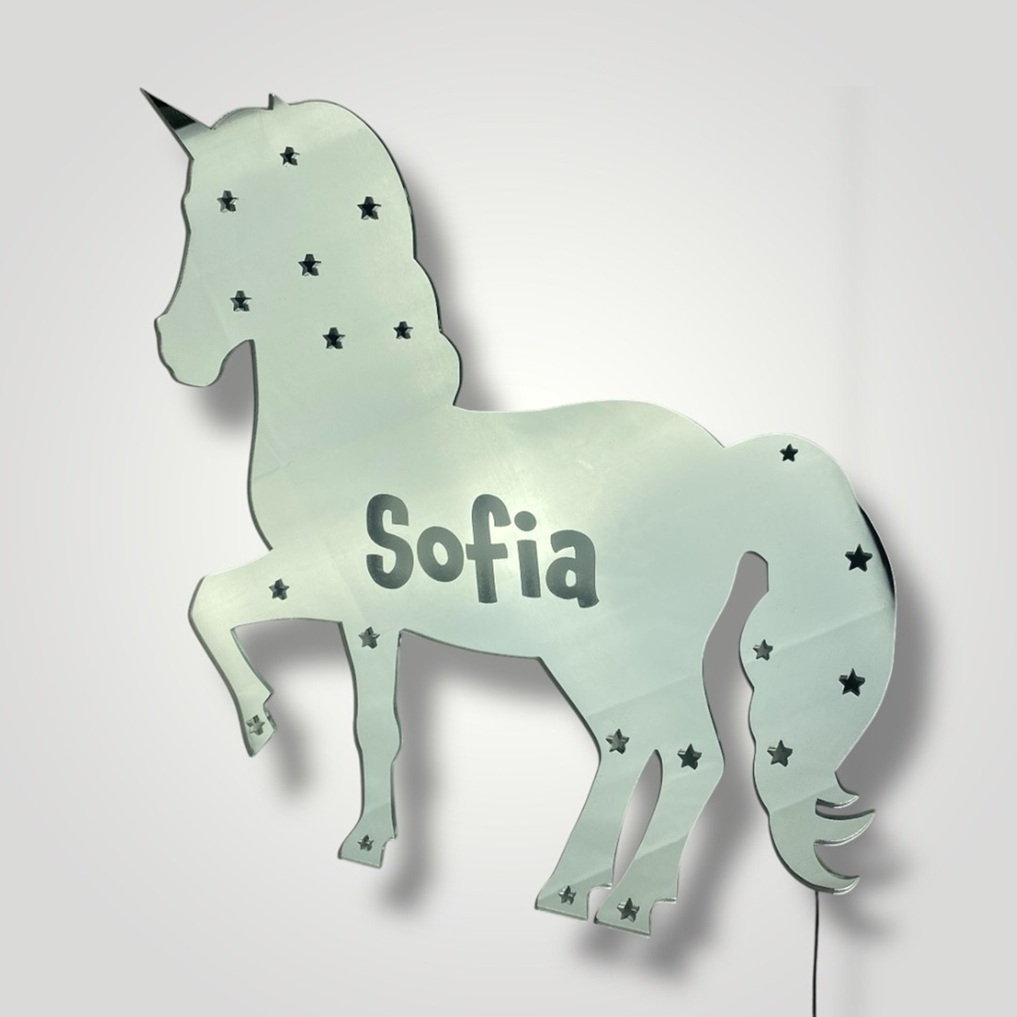 Enhjørning spejl lampe med navn uden lys.