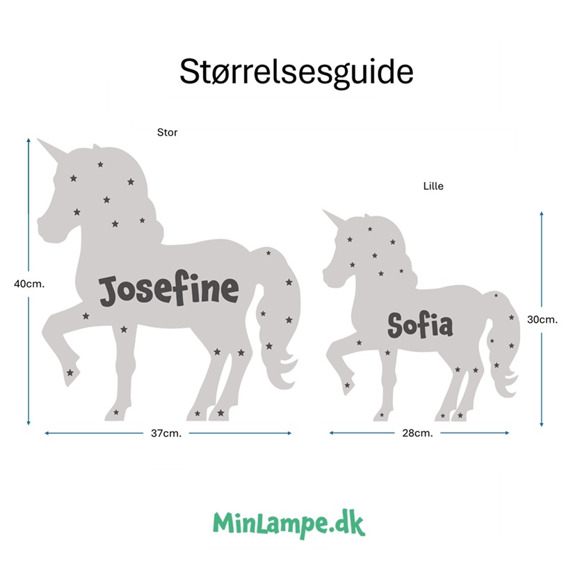 Enhjørning spejl lampe med mål på de to størrelser