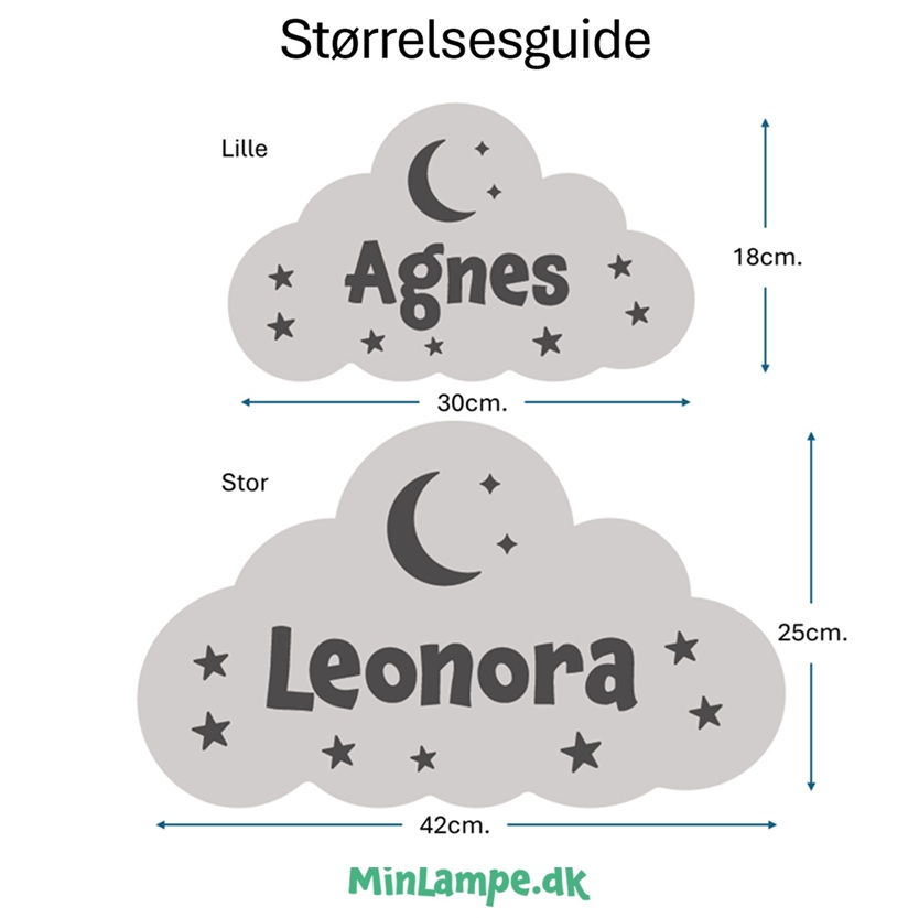 Sky lampe størrelsesguide. Der er to størrelser den lille måler 30x18 cm. og den store måler 42x25 cm.